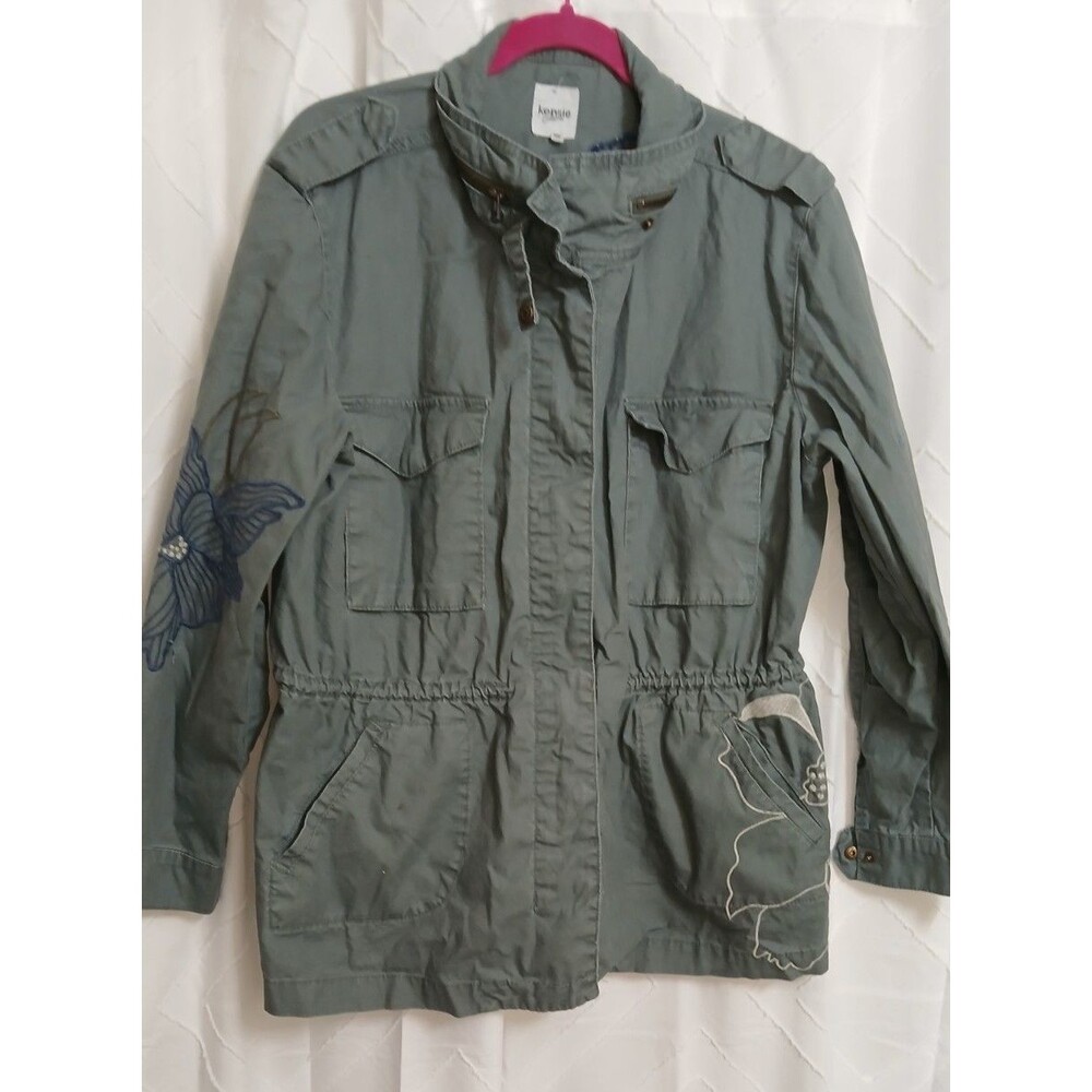 Kensie Jacket Floral Embroidered  Green Zipper Snaps Pockets Military